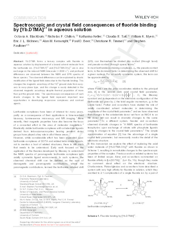 Spectroscopic and Crystal Field Consequences of Fluoride Binding by [Yb⋅DTMA](3+) in Aqueous Solution Thumbnail