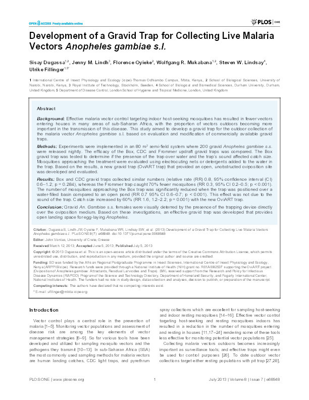 Development of a Gravid Trap for Collecting Live Malaria Vectors Anopheles gambiae s.l Thumbnail