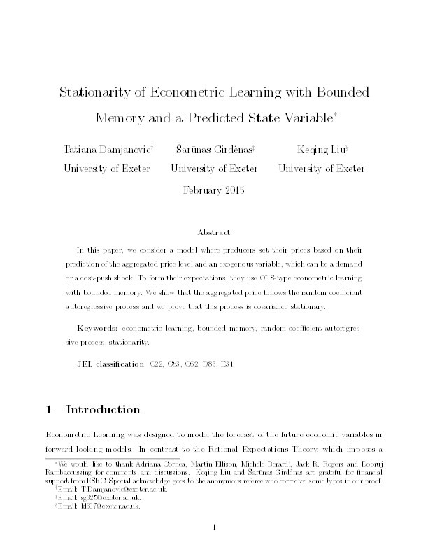 Stationarity of econometric learning with bounded memory and a predicted state variable Thumbnail