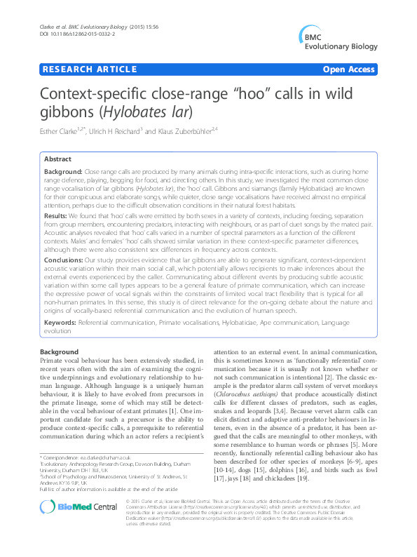 Context-specific close-range “hoo” calls in wild gibbons (Hylobates lar) Thumbnail
