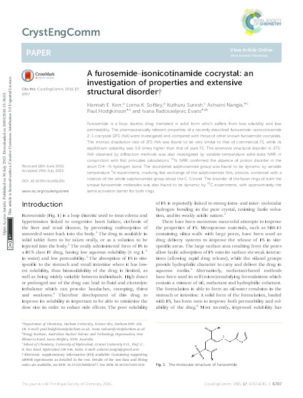 A furosemide – isonicotinamide cocrystal: An investigation of properties and extensive structural disorder Thumbnail