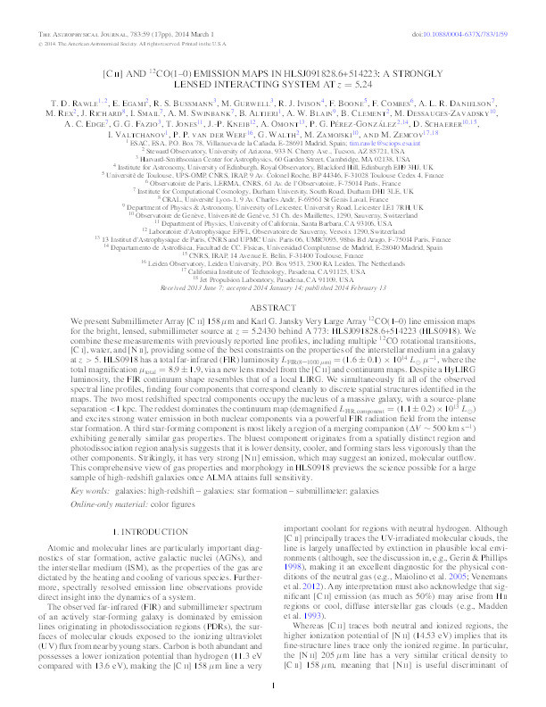 [C II] and ^12CO(1-0) Emission Maps in HLSJ091828.6+514223: A Strongly Lensed Interacting System at z = 5.24 Thumbnail