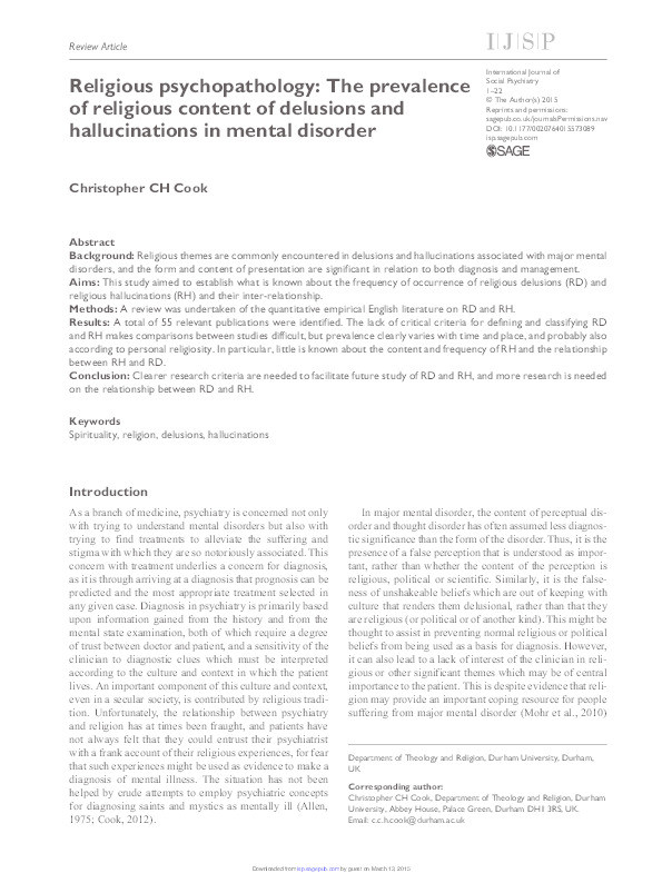 Religious psychopathology: The prevalence of religious content of delusions and hallucinations in mental disorder Thumbnail