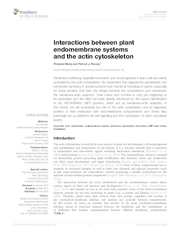 Interactions between plant endomembrane systems and the actin cytoskeleton Thumbnail