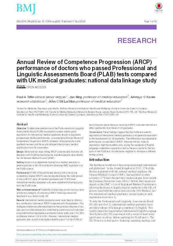 Annual Review of Competence Progression (ARCP) performance of doctors who passed Professional and Linguistic Assessments Board (PLAB) tests compared with UK medical graduates: national data linkage study Thumbnail