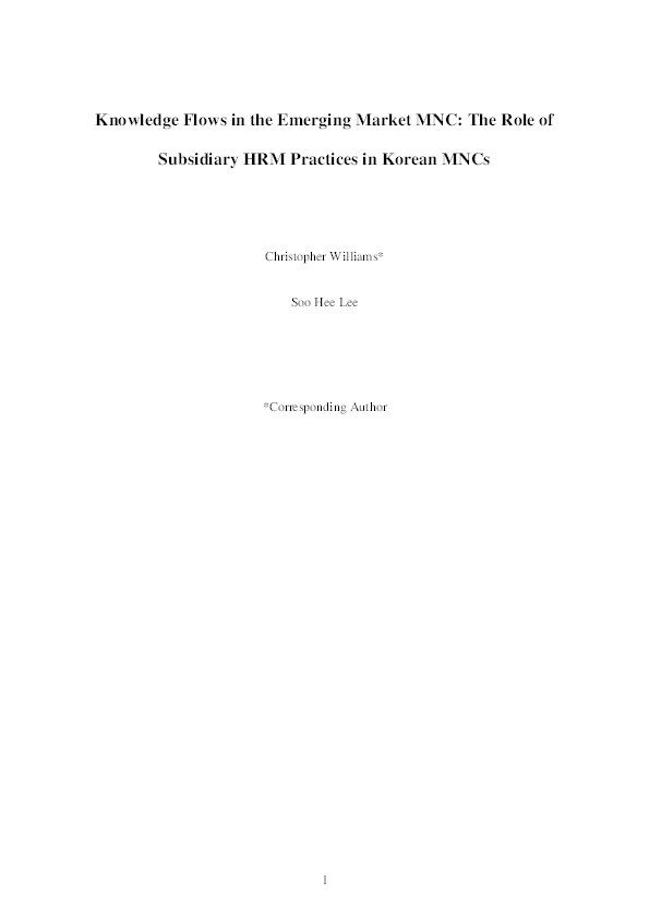 Knowledge flows in the emerging market MNC: The role of subsidiary HRM practices in Korean MNCs Thumbnail