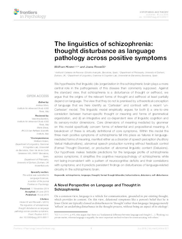 The linguistics of schizophrenia: thought disturbance as language pathology across positive symptoms Thumbnail