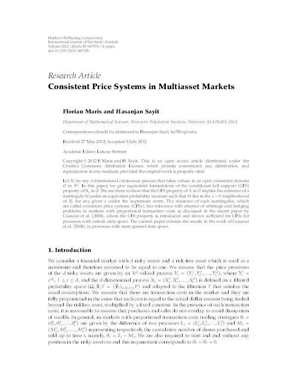 Consistent Price Systems in Multiasset Markets Thumbnail