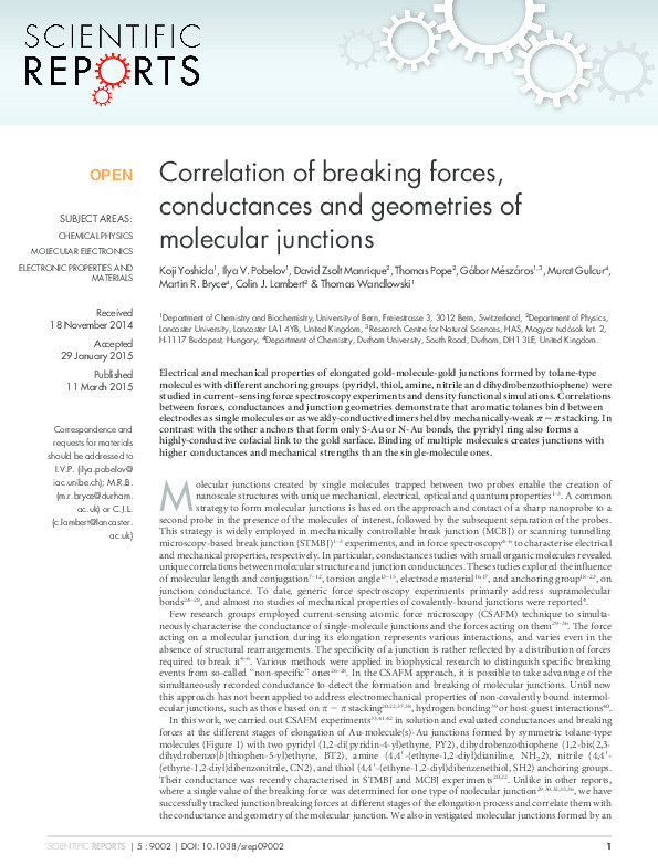Correlation of breaking forces, conductances and geometries of molecular junctions Thumbnail