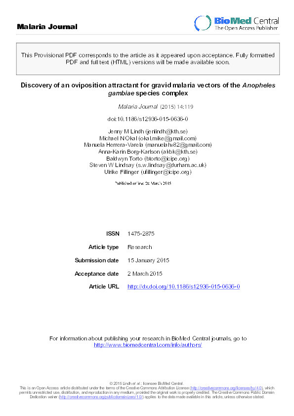 Discovery of an oviposition attractant for gravid malaria vectors of the Anopheles gambiae species complex Thumbnail