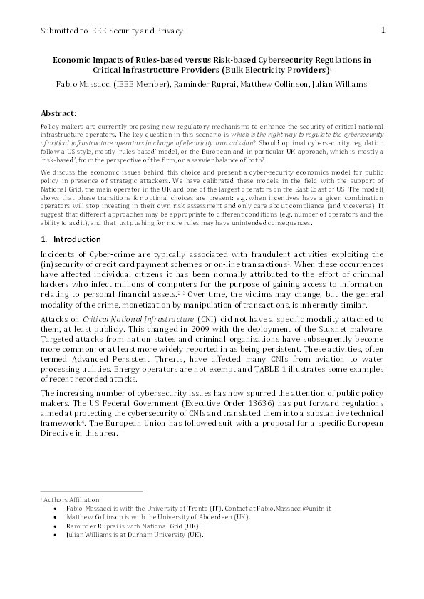 Economic Impacts of Rules- versus Risk-Based Cybersecurity Regulations for Critical Infrastructure Providers Thumbnail