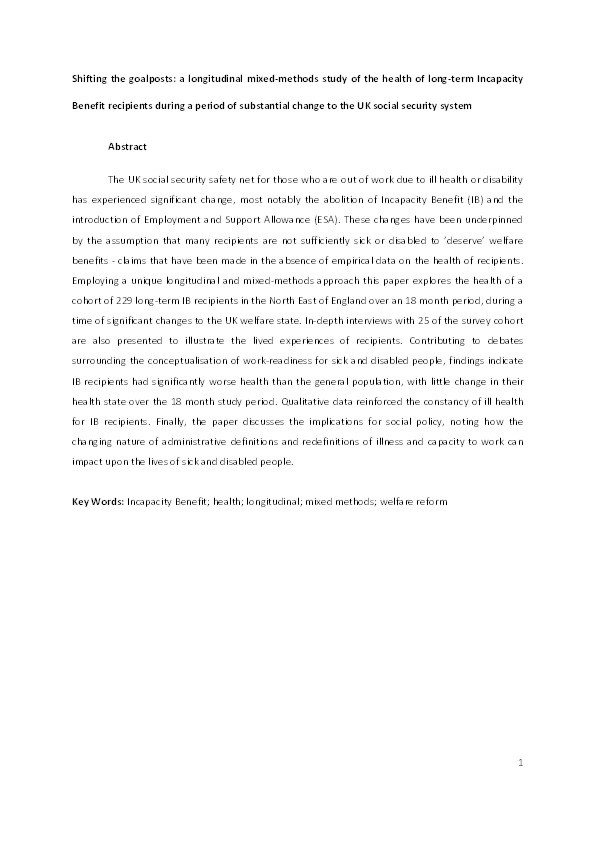 Shifting the Goalposts: A Longitudinal Mixed-Methods Study of the Health of Long-Term Incapacity Benefit Recipients during a Period of Substantial Change to the UK Social Security System Thumbnail