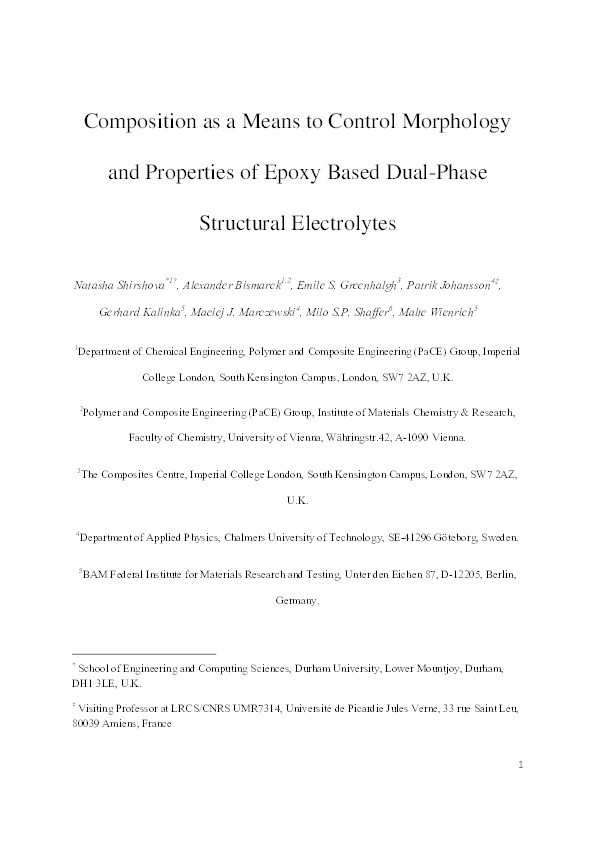 Composition as a Means to Control Morphology and Properties of Epoxy Based Dual-Phase Structural Electrolytes Thumbnail