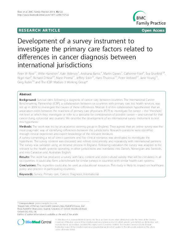 Development of a survey instrument to investigate the primary care factors related to differences in cancer diagnosis between international jurisdictions Thumbnail