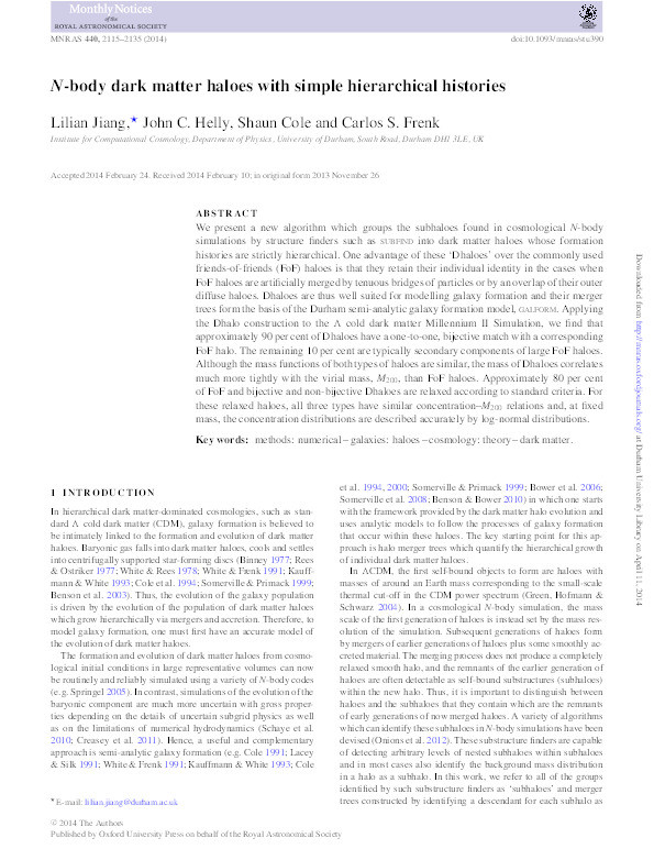 N-body dark matter haloes with simple hierarchical histories Thumbnail