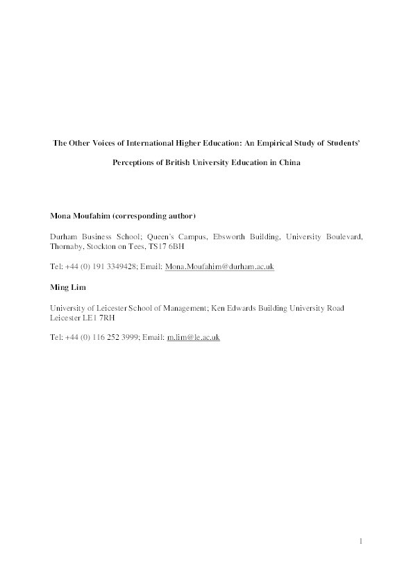 The Other Voices of International Higher Education: An Empirical Study of Students’ Perceptions of British University Education in China Thumbnail