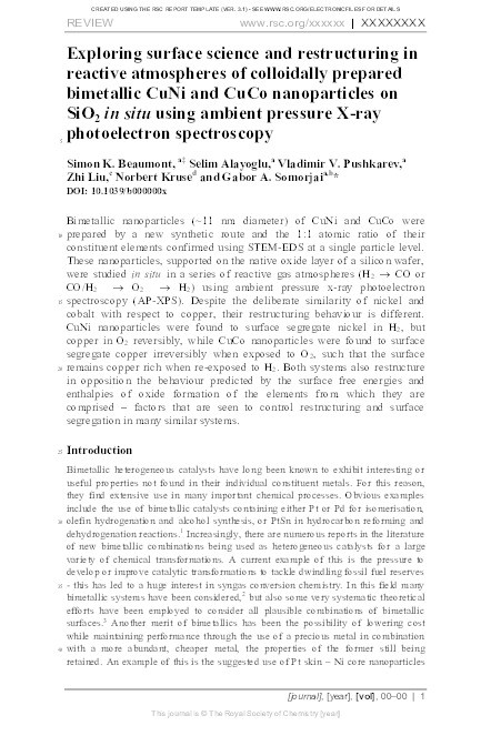 Exploring surface science and restructuring in reactive atmospheres of colloidally prepared bimetallic CuNi and CuCo nanoparticles on SiO₂ in situ using ambient pressure X-ray photoelectron spectroscopy Thumbnail