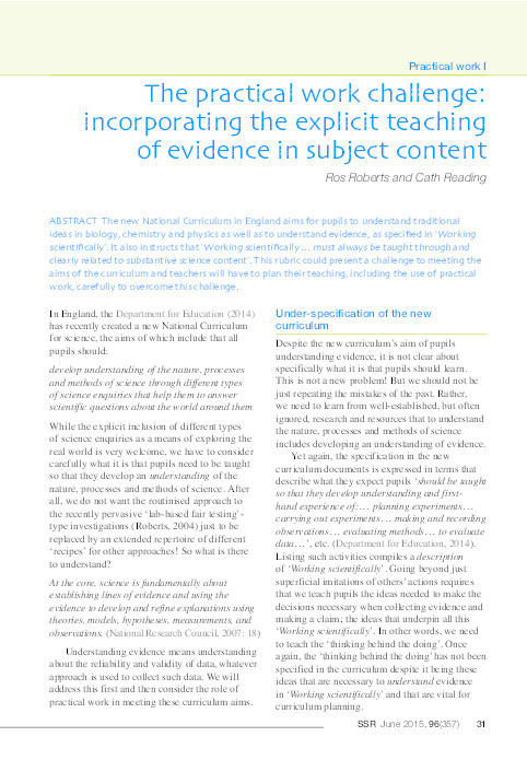 The practical work challenge: incorporating the explicit teaching of evidence in subject content Thumbnail