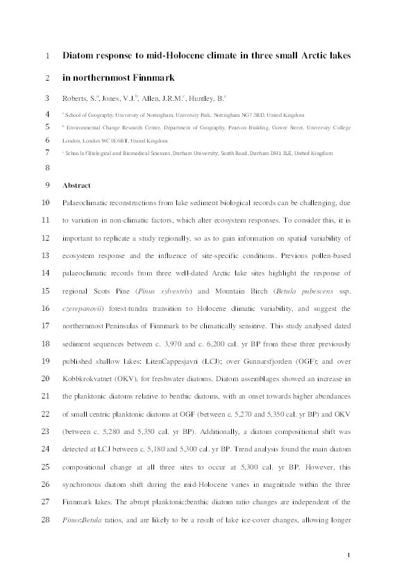 Diatom response to mid-Holocene climate in three small Arctic lakes in northernmost Finnmark Thumbnail