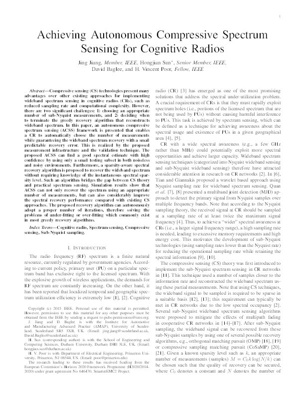 Achieving Autonomous Compressive Spectrum Sensing for Cognitive Radios Thumbnail