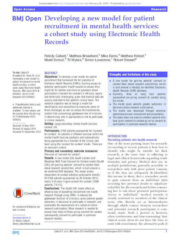 Developing a new model for patient recruitment in mental health services: a cohort study using Electronic Health Records Thumbnail