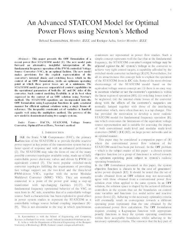 An Advanced STATCOM Model for Optimal Power Flows Using Newton's Method Thumbnail