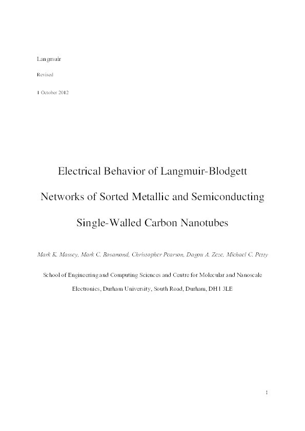 Electrical Behavior of Langmuir–Blodgett Networks of Sorted Metallic and Semiconducting Single-Walled Carbon Nanotubes Thumbnail