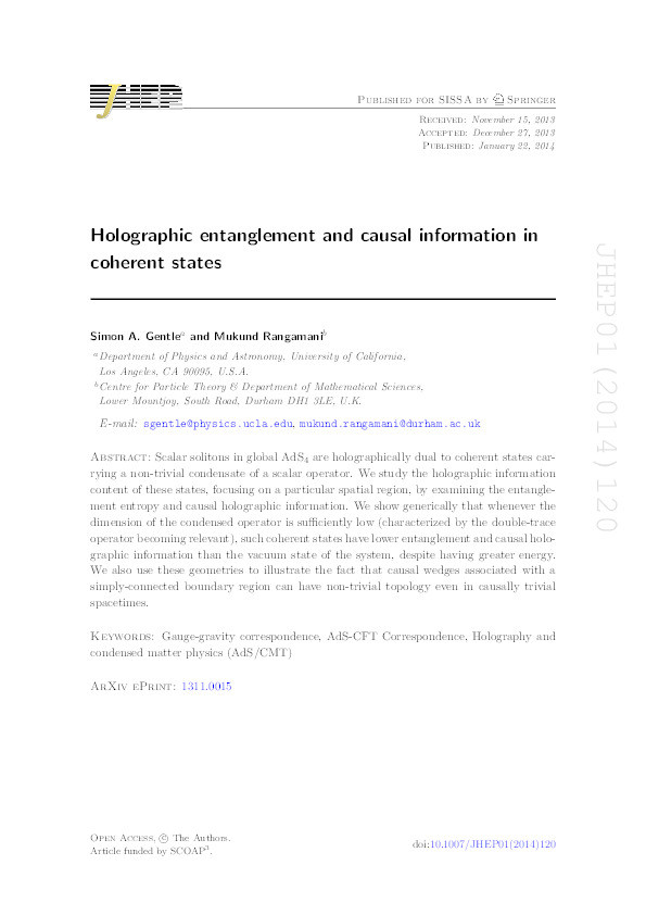 Holographic entanglement and causal information in coherent states Thumbnail
