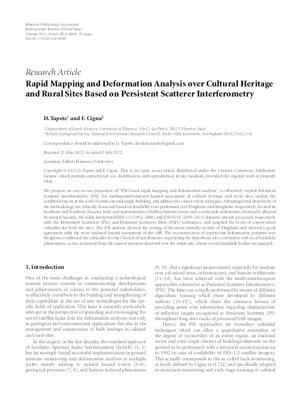 Rapid Mapping and Deformation Analysis over Cultural Heritage and Rural Sites Based on Persistent Scatterer Interferometry Thumbnail