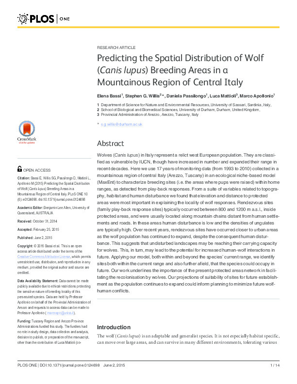 Predicting the spatial distribution of wolf (Canis lupus) breeding areas in a mountainous region of central Italy Thumbnail