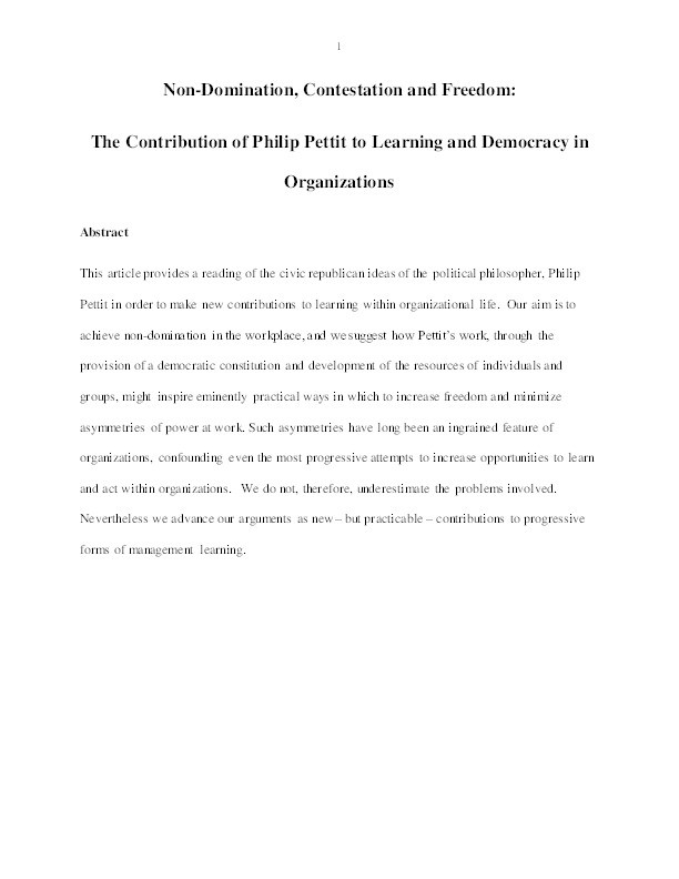 Non-Domination, Contestation and Freedom: The Contribution of Philip Pettit to Learning and Democracy in Organizations Thumbnail