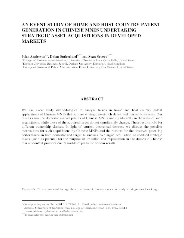 An event study of home and host country patent generation in Chinese MNEs undertaking strategic asset acquisitions in developed markets Thumbnail