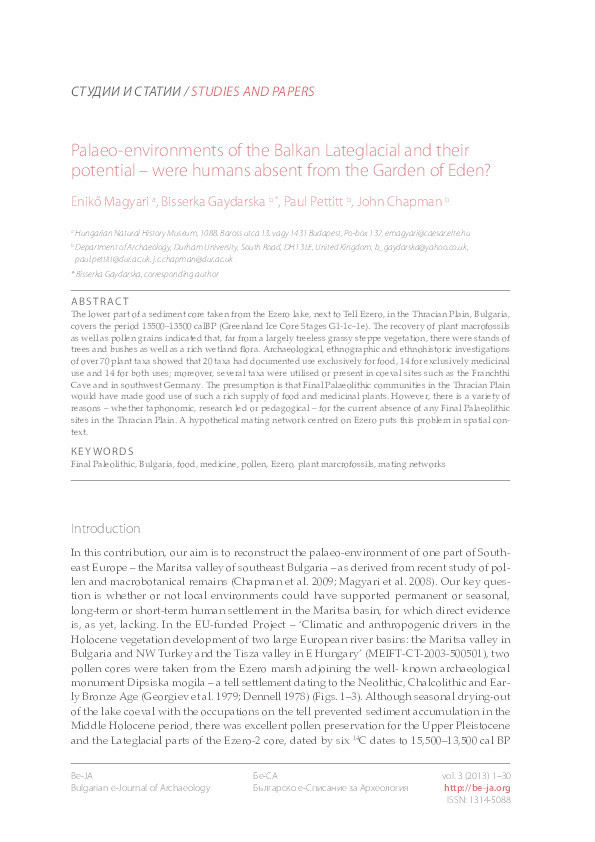 Palaeo-environments of the Balkan Lateglacial and their potential – were humans absent from the Garden of Eden? Thumbnail