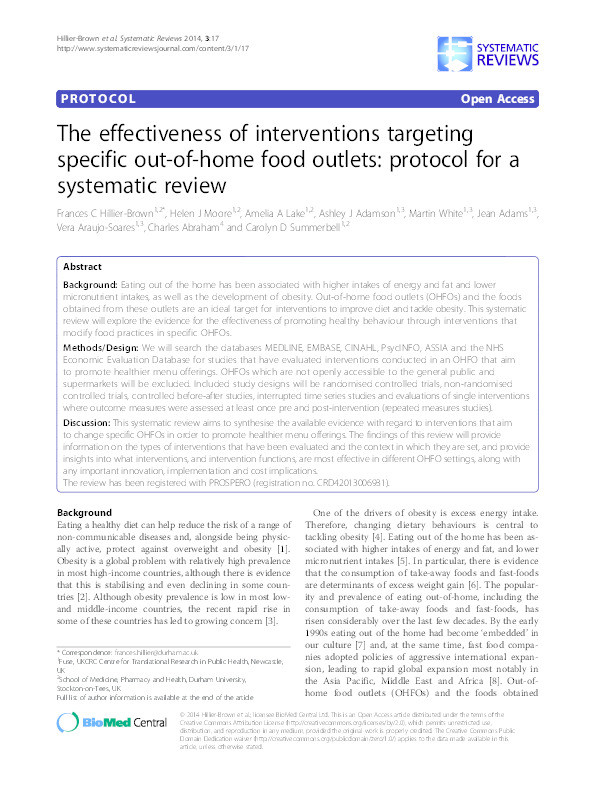 The effectiveness of interventions targeting specific out-of-home food outlets: protocol for a systematic review Thumbnail