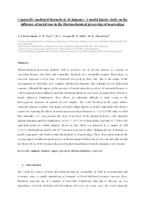 Copper(II)-mediated thermolysis of alginates: a model kinetic study on the influence of metal ions in the thermochemical processing of macroalgae Thumbnail