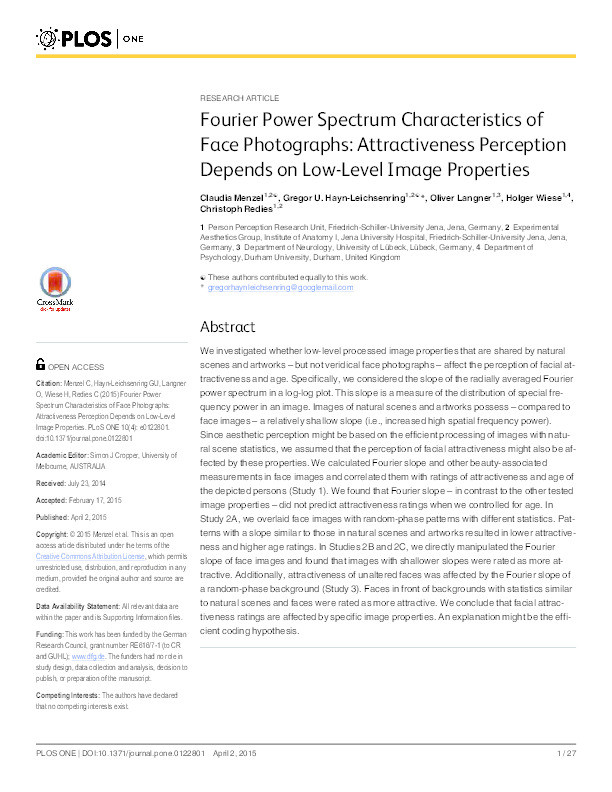 Fourier power spectrum characteristics of face photographs: attractiveness perception depends on low-level image properties Thumbnail