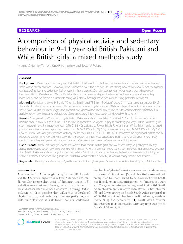 A comparison of physical activity and sedentary behaviour in 9-11 year old British Pakistani and White British girls: a mixed methods study Thumbnail