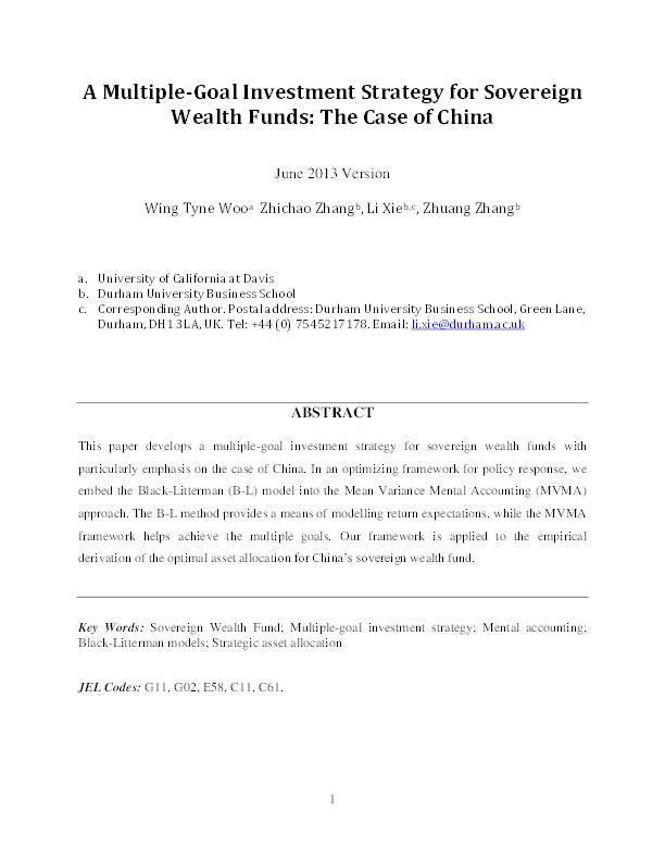 A Multiple Goal Investment Strategy for Sovereign Wealth Funds: An Application to China Thumbnail