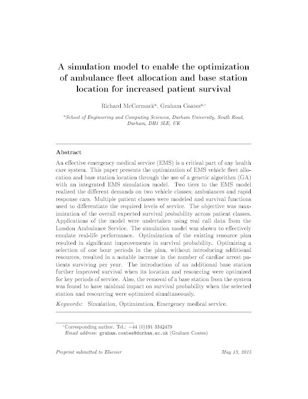 A simulation model to enable the optimization of ambulance fleet allocation and base station location for increased patient survival Thumbnail