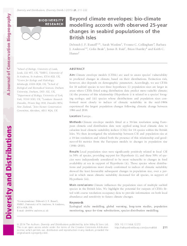 Beyond climate envelopes: Bio-climate modelling accords with observed 25-year changes in seabird populations of the British Isles Thumbnail