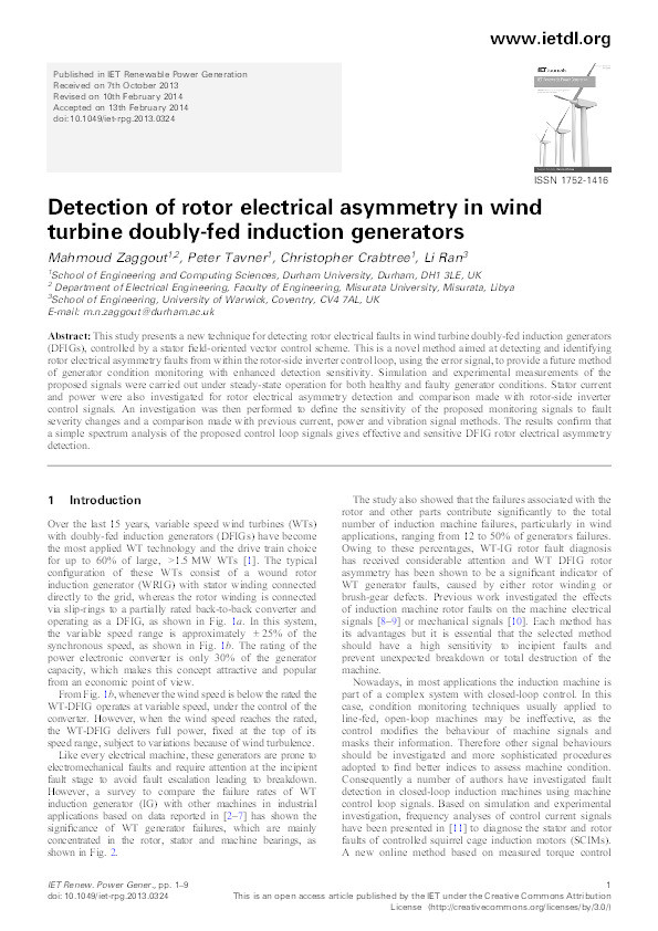 Detection of Rotor Electrical Asymmetry in Wind Turbine Doubly-Fed Induction Generators Thumbnail