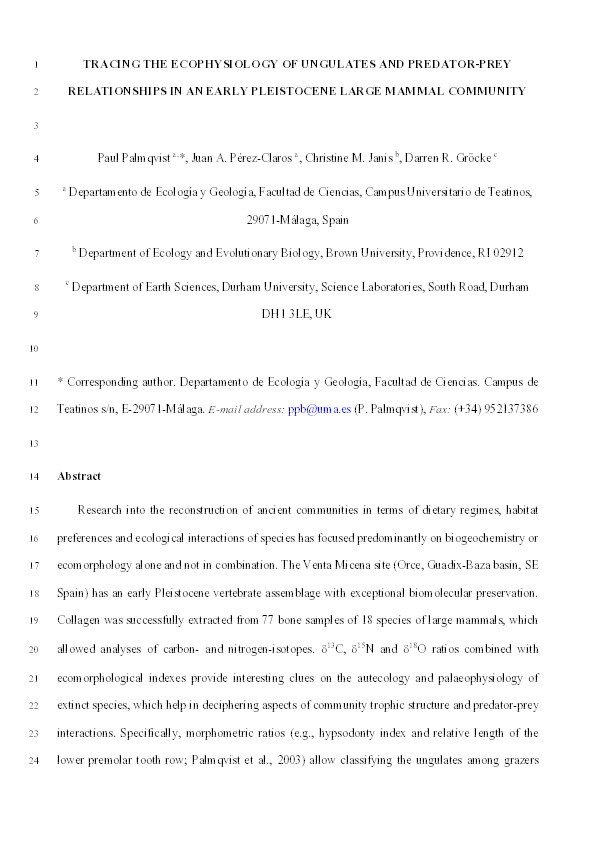 Tracing the ecophysiology of ungulates and predator–prey relationships in an early Pleistocene large mammal community Thumbnail