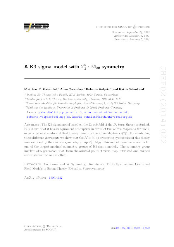 A K3 sigma model with Z_2^8:M_20 symmetry Thumbnail
