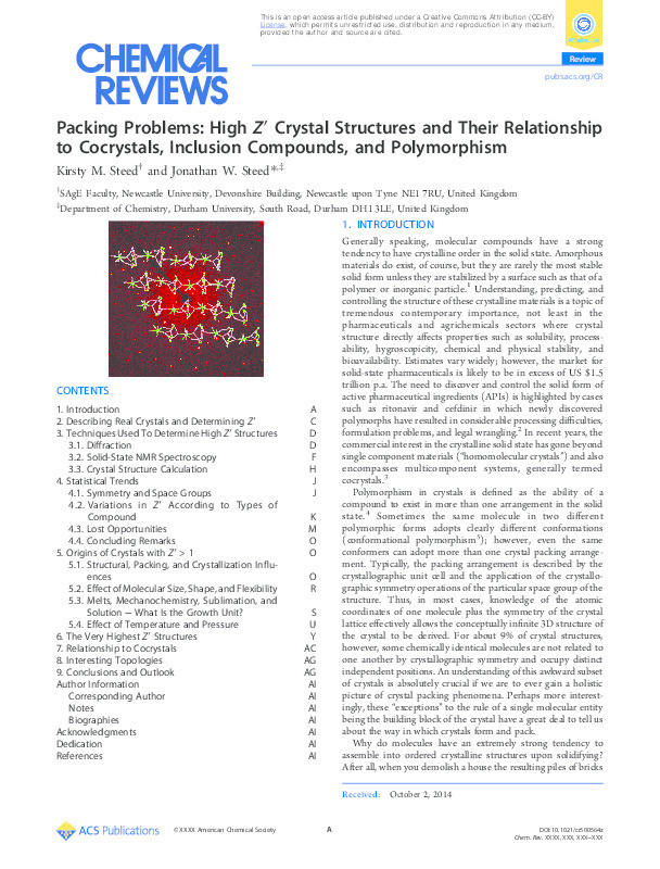 Packing Problems: High Z′ Crystal Structures and their Relationship to Cocrystals, Inclusion Compounds and Polymorphism Thumbnail