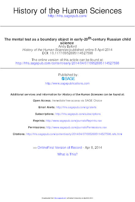 The Mental Test as a Boundary Object in Early-20th-Century Russian Child Science Thumbnail