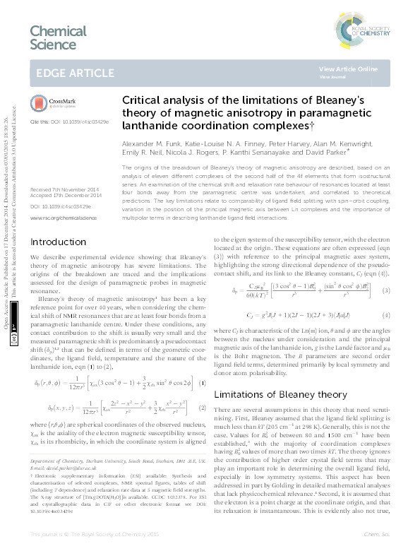Critical analysis of the limitations of Bleaney's theory of magnetic anisotropy in paramagnetic lanthanide coordination complexes Thumbnail
