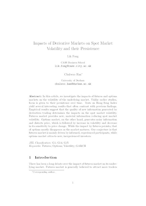 Impacts of derivative markets on spot market volatility and their persistence Thumbnail