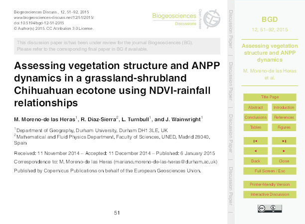 Assessing vegetation structure and ANPP dynamics in a grassland-shrubland Chihuahuan ecotone using NDVI-rainfall relationships Thumbnail