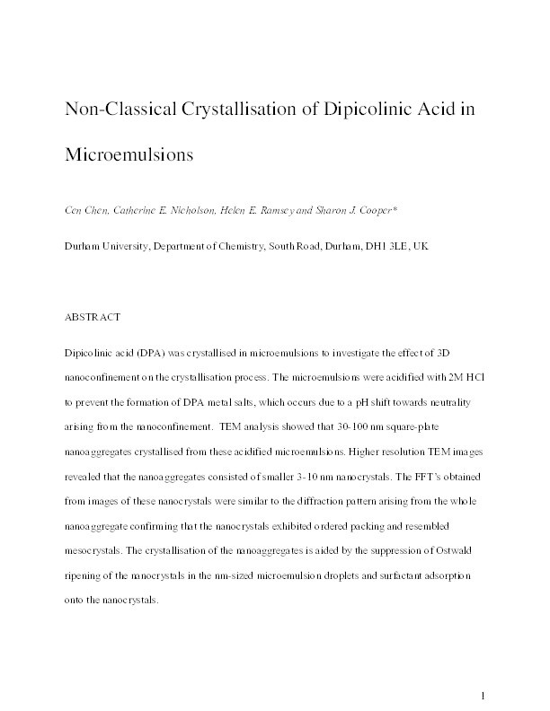 Nonclassical Crystallization of Dipicolinic Acid in Microemulsions Thumbnail