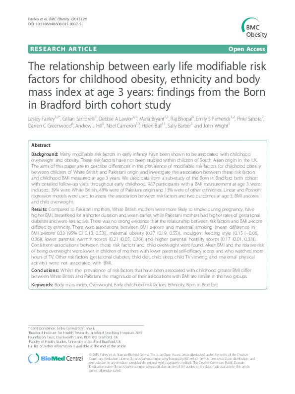 The relationship between early life modifiable risk factors for childhood obesity, ethnicity and body mass index at age 3 years: findings from the Born in Bradford birth cohort study Thumbnail